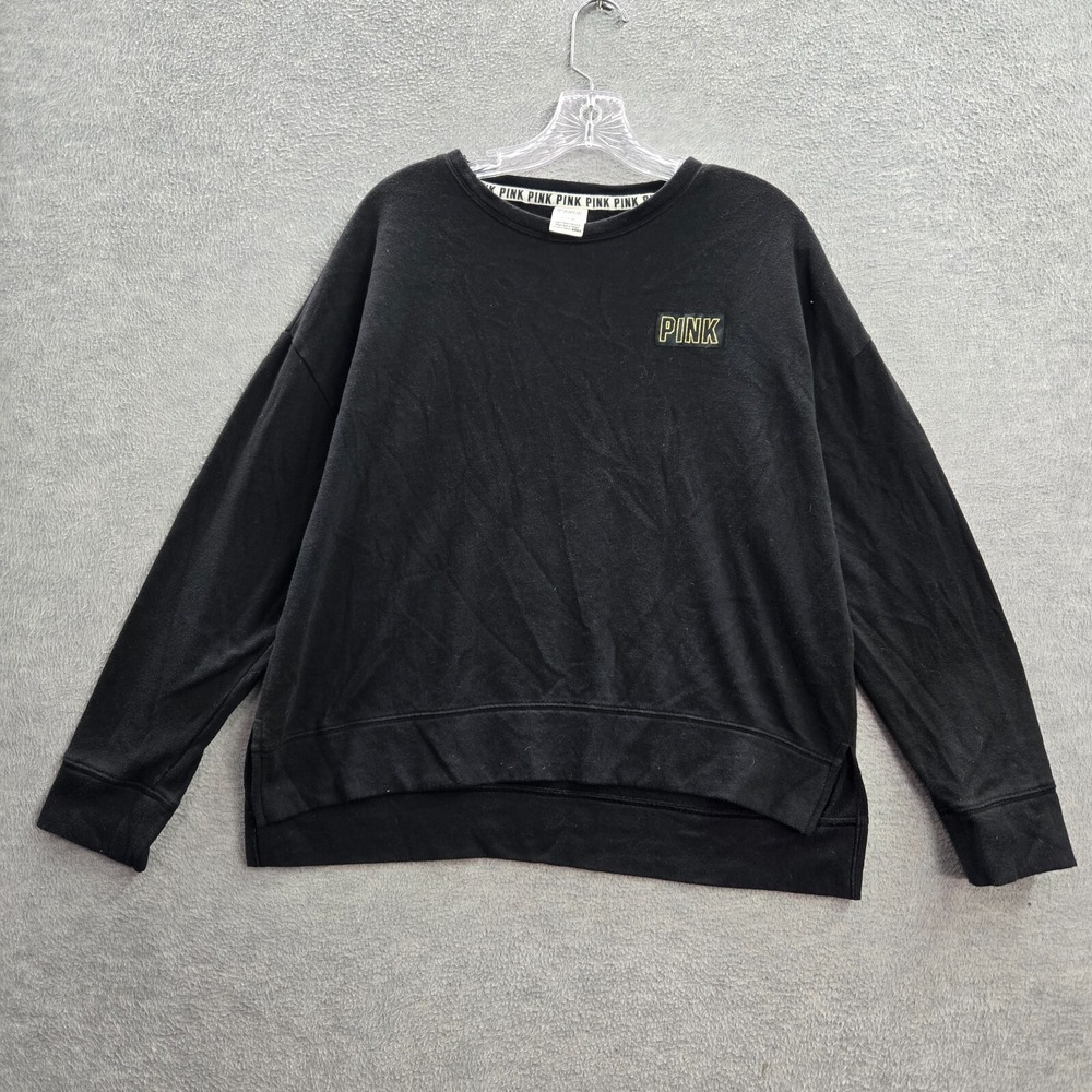 Pink Victorias Secret Women Sweatshirt Medium Black Logo Campus Long Sleeve